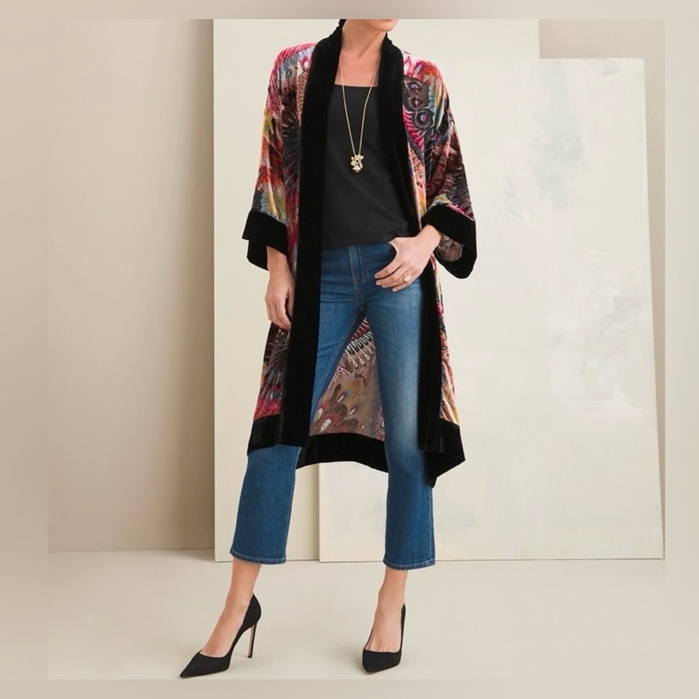 Chico's Black Velvet-Trim Sheer Multicolor Kimono